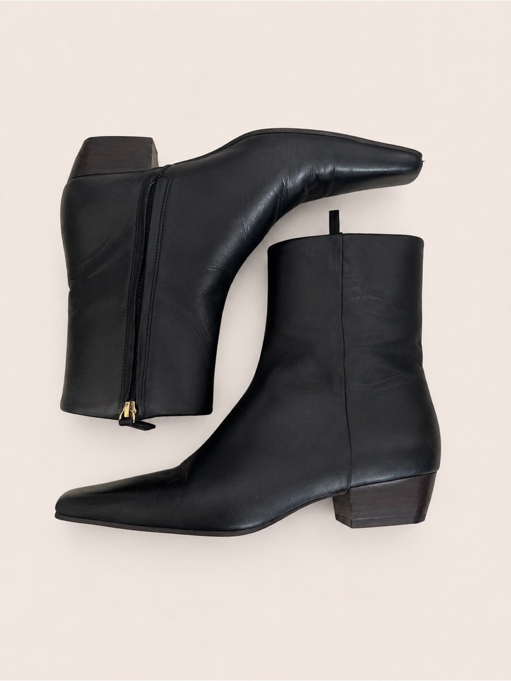 Massimo Dutti Women's Black Leather Square Toe Ankle Boots